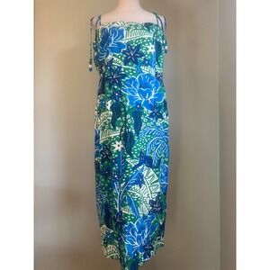 Zoe beaded Blue cat Tropical Floral Smocked Midi Dress Green resort XL NWT boho